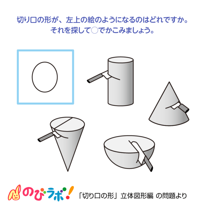 やってみよう「切り口の形(立体図形編)」の問題15 | 「のびラボ!」幼児教材・小学校受験・学習プリントのダウンロード販売