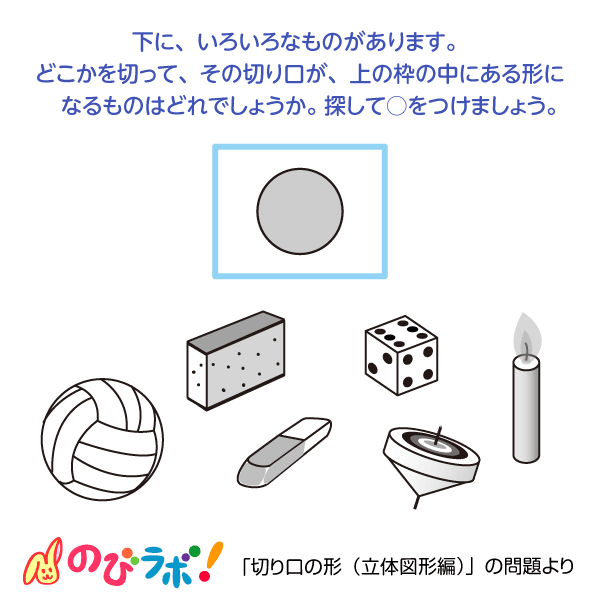 やってみよう 切り口の形 立体図形編 の問題12 のびラボ 幼児教材 小学校受験 学習プリントのダウンロード販売